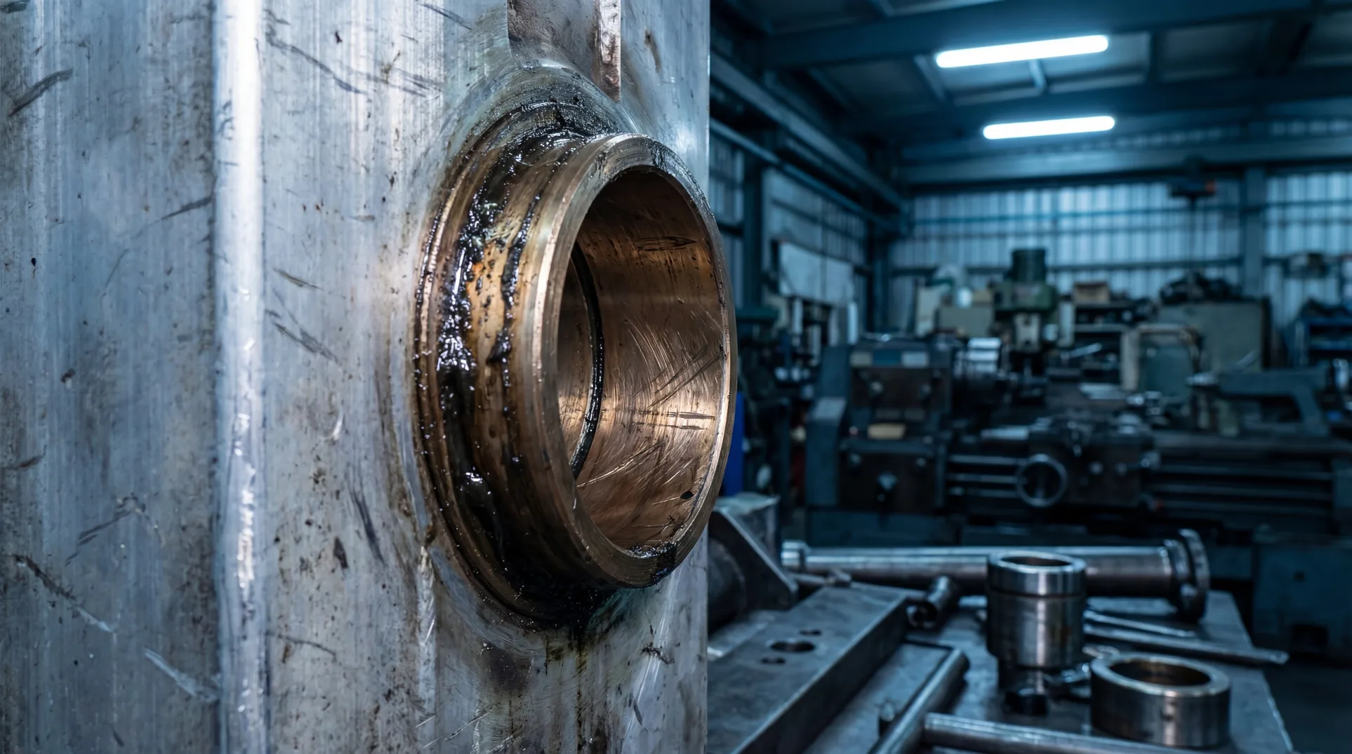 Heavy duty mechanical bearing scene showing bronze bushing and aluminum structure in industrial environment