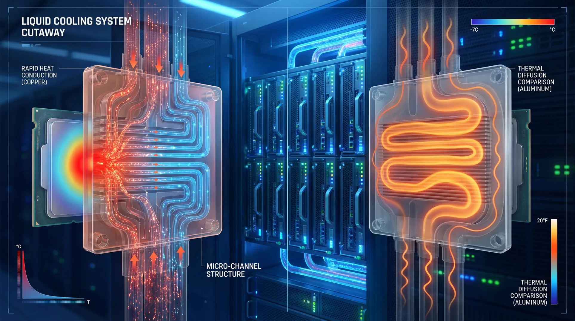 High-end data center liquid cooling system cutaway showing copper and aluminum cold plates with thermal flow paths