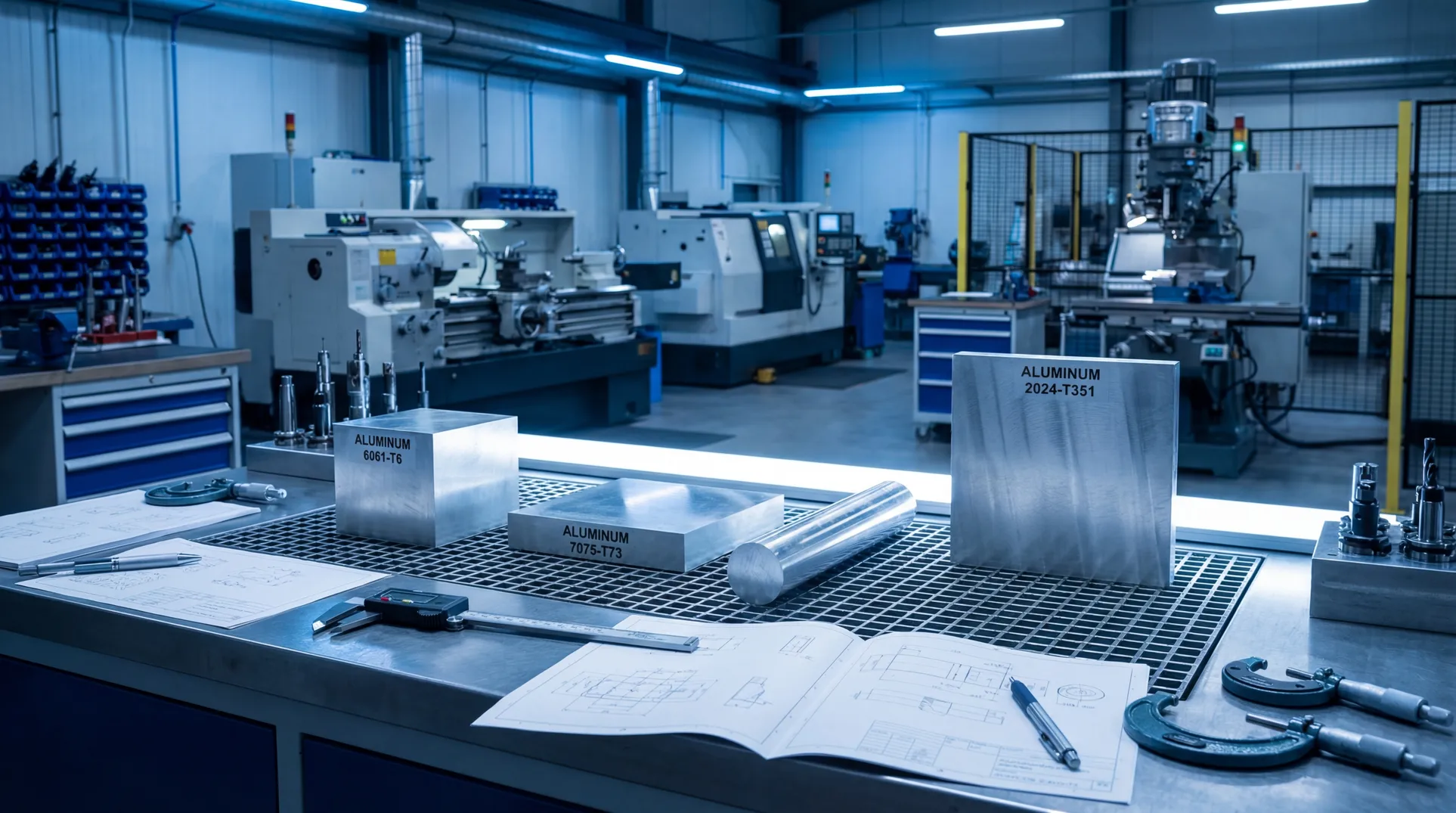 High-end industrial CNC machining works showing aluminum alloy bar materials with measuring tools