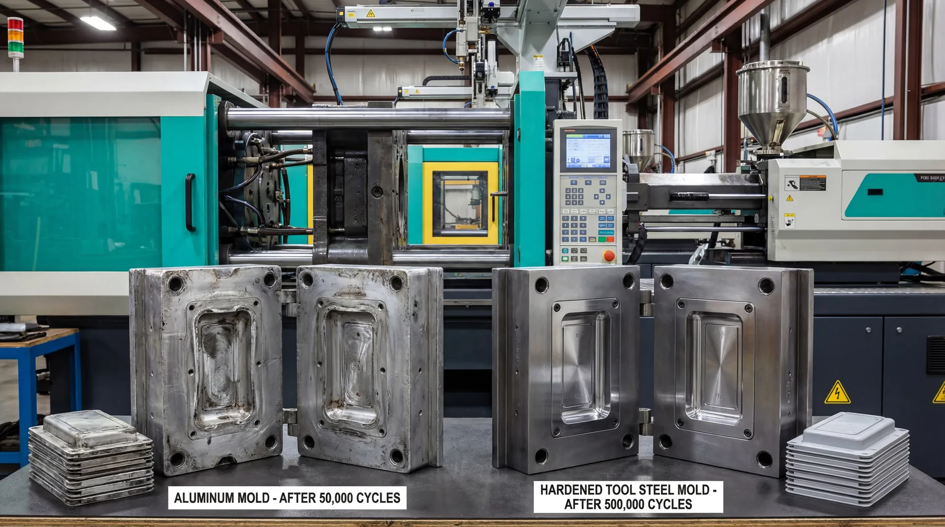 High-precision injection mold insert machining scene showing tool steel cavity blocks