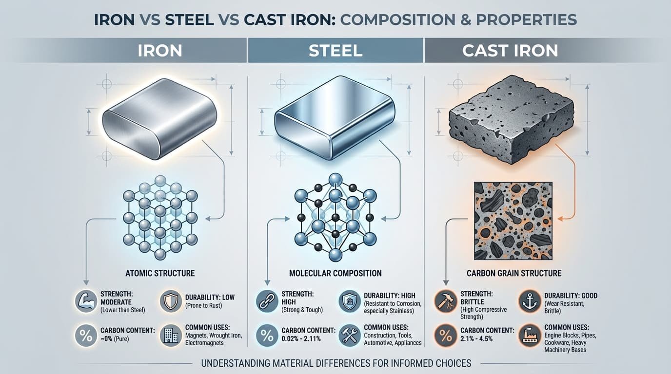 Microstructure comparison of Steel vs Cast Iron showing graphite flakes vs grain structure