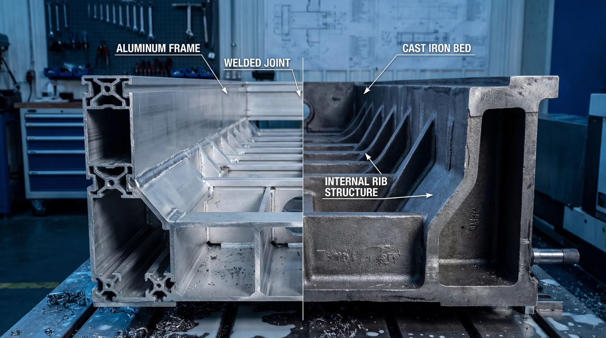 Large scale CNC machine tool base close-up showing aluminum frame next to cast iron bed