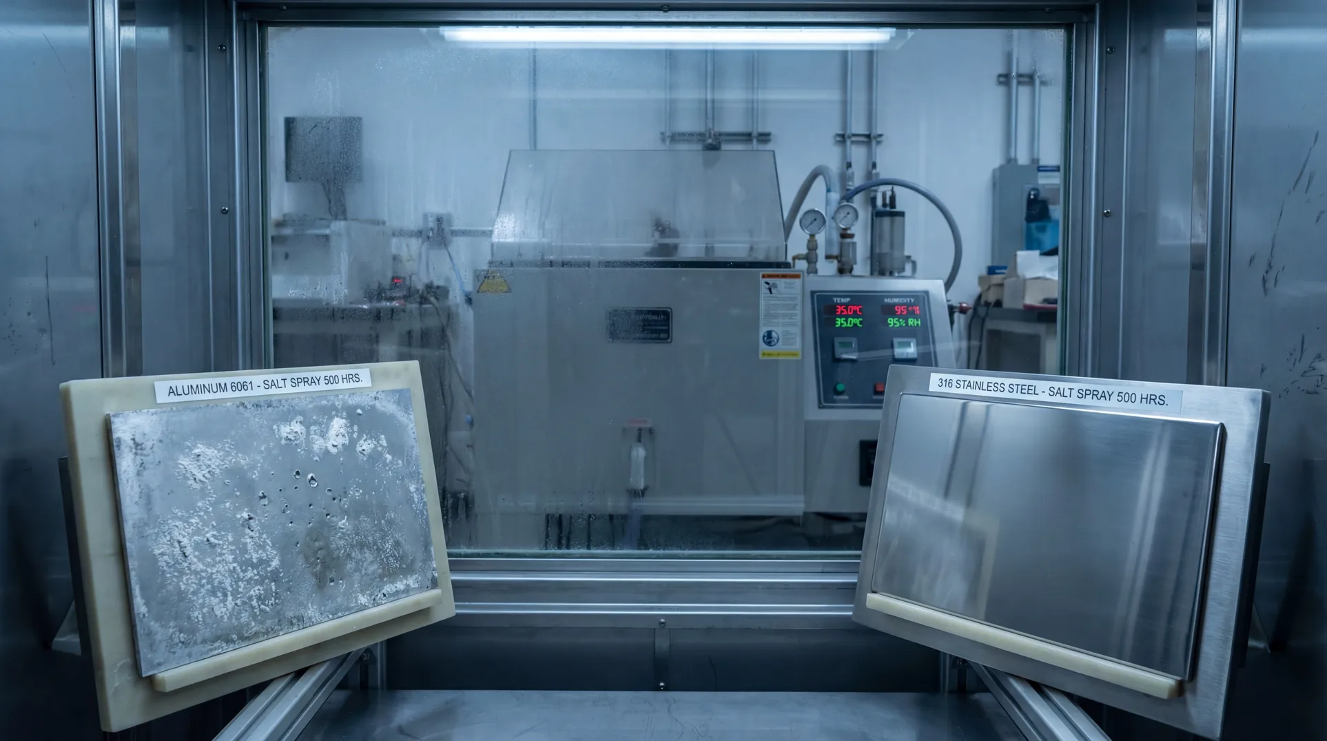 Industrial CNC milling operation comparison photograph between aluminum and stainless steel workpieces